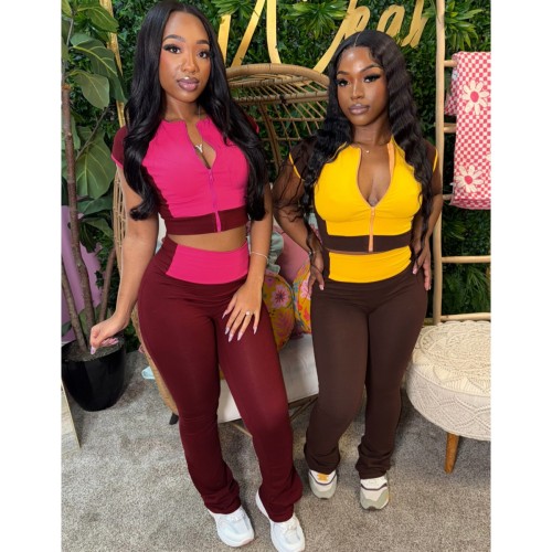 Casual Stretch Multi Color Two Pieces Activewear Set With Slim Crop Top t Shirt and High Waist Flare Leg Pants