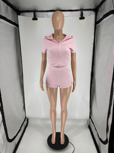 Casual Stretch Summer Two Pieces Short Set With Hooded Crop Top T Shirt and Tight High Waist Shorts