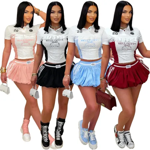 Casual Sport Two Pieces Skirt Set With Print Crop Top T Shirt and Mini Bubble Skirt Puffer Skirt