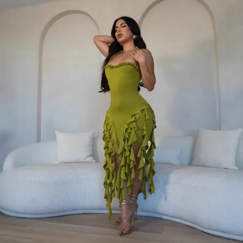 2025 Beautiful Halter Neck Ruffle Irregular Bodycon Evening Dress Sleeveless Fringed Party Dress Night Clubwear