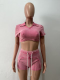 Real Wash Retro Summer Stretch Two-pieces Short Set With V Neck Crop Top T Shirt and High Waist Tight Shorts