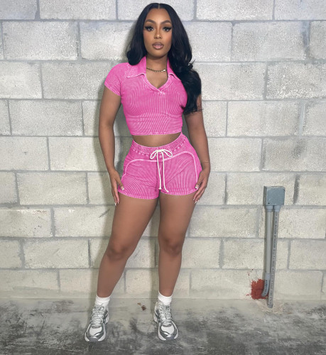 Real Wash Retro Summer Stretch Two-pieces Short Set With V Neck Crop Top T Shirt and High Waist Tight Shorts