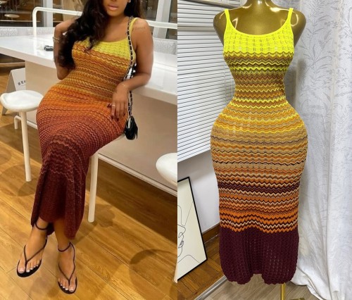 Peeqi 2025 Summer Vintage Women's Halter Knitting Dress Sleeveless Wavy Slim-fit Ruched A-line Maxi Dress Women Fashion Dress