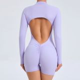 XW-ZY01 Workout Gym Women Activewear Short Playsuit Front Zipper Seamed Bodysuit One Piece Scrunch Butt Yoga Fitness Jumpsuits