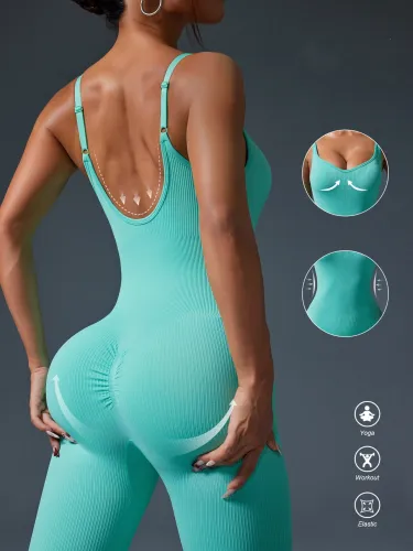 Women's Simple Threaded Camisole Jumpsuit Exposed Back Hip Lifting Shaping Tight Fitting Seamless Yoga Suit Bodysuit Streetwear