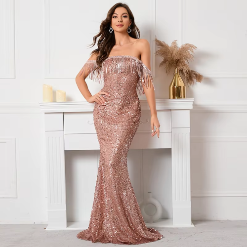 New One-Shoulder Tassel high quality Luxury Sequins Evening Dresses High Waist Halter Slim Maxi Long Mermaid Prom Evening Dress