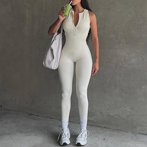 Women's Summer Skinny Fit Sleeveless Half Zip Racerback Jersey Knitting Sports Workout Jumpsuit