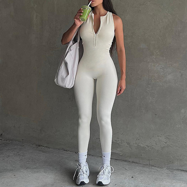 Women's Summer Skinny Fit Sleeveless Half Zip Racerback Jersey Knitting Sports Workout Jumpsuit