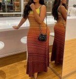 Peeqi 2025 Summer Vintage Women's Halter Knitting Dress Sleeveless Wavy Slim-fit Ruched A-line Maxi Dress Women Fashion Dress