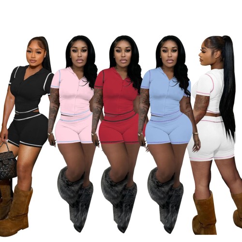 Casual Stretch Summer Two Pieces Short Set With Hooded Crop Top T Shirt and Tight High Waist Shorts