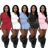 Casual Stretch Summer Two Pieces Short Set With Hooded Crop Top T Shirt and Tight High Waist Shorts