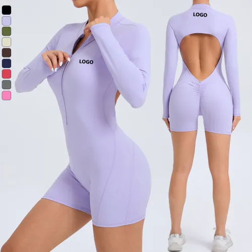 XW-ZY01 Workout Gym Women Activewear Short Playsuit Front Zipper Seamed Bodysuit One Piece Scrunch Butt Yoga Fitness Jumpsuits