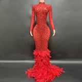 Nfs235  Elegant Red Pearls Feather Evening Party Prom Dresses
