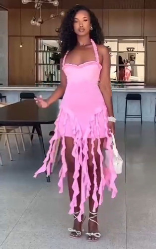 2025 Beautiful Halter Neck Ruffle Irregular Bodycon Evening Dress Sleeveless Fringed Party Dress Night Clubwear