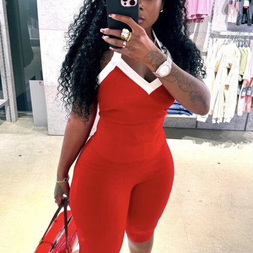 Casual Stretch Two Pieces Legging Set With Halter Crop Top and Slim Fitness Capri Pants