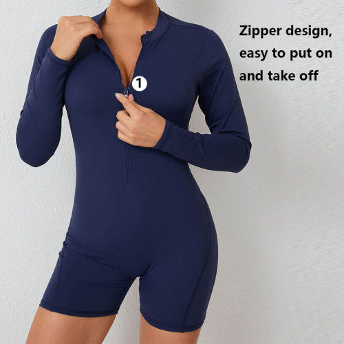 XW-ZY01 Workout Gym Women Activewear Short Playsuit Front Zipper Seamed Bodysuit One Piece Scrunch Butt Yoga Fitness Jumpsuits