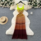 Peeqi 2025 Summer Vintage Women's Halter Knitting Dress Sleeveless Wavy Slim-fit Ruched A-line Maxi Dress Women Fashion Dress