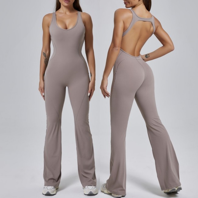 Aoyema Free Design Custom Oem Hollow Out Fitness One Piece Backless Women Quick Dry Hip Lifting Rompers Flared Leggings Jumpsuit