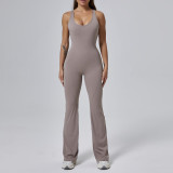 Aoyema Free Design Custom Oem Hollow Out Fitness One Piece Backless Women Quick Dry Hip Lifting Rompers Flared Leggings Jumpsuit