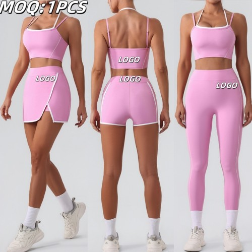 Aoyema Custom Sportswear Designer Tracksuit 4 Piece Suits Yoga Clothes Gym Bra Fitness Skirt Running Pants Sport Wear Women Set