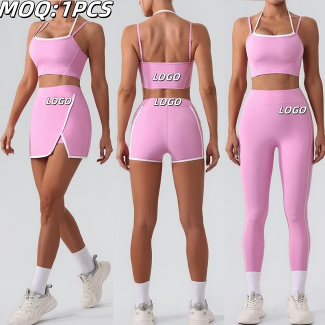 Aoyema Custom Sportswear Designer Tracksuit 4 Piece Suits Yoga Clothes Gym Bra Fitness Skirt Running Pants Sport Wear Women Set