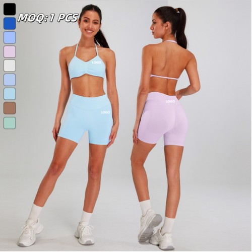 Aoyema Sportswear 3-Piece Fitness Bra with Neck Backless Gym Women Shorts Running Pants Yoga Clothing Nylon Set for Sports Wear