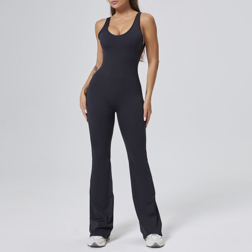 Aoyema Free Design Custom Oem Hollow Out Fitness One Piece Backless Women Quick Dry Hip Lifting Rompers Flared Leggings Jumpsuit