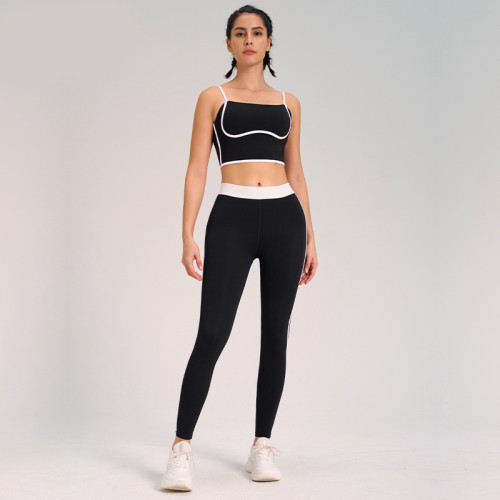 New Design Contrast Color Strip Sports Yoga Suit Beauty Back Yoga Bra Elastic High Waist Tummy Control Leggings Womens Gym Sets