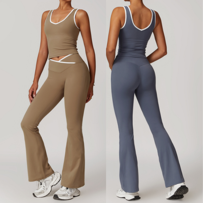 AoyemaCustome Sports Bra Crop Top 2 Tone Active Gym Fitness Wear Workout Blocking Racerback Sleeveless Fitness Leggings Yoga Set