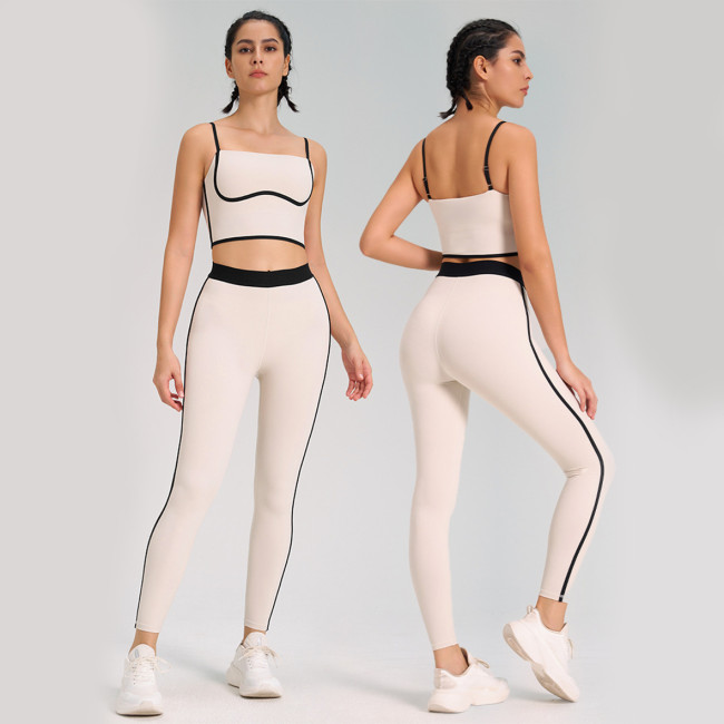 New Design Contrast Color Strip Sports Yoga Suit Beauty Back Yoga Bra Elastic High Waist Tummy Control Leggings Womens Gym Sets