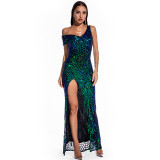Vetements Soiree Women Lady Elegant Party Sexy Off-The-Shoulder Side Split Sequins Long Maxi Dinner Dresses