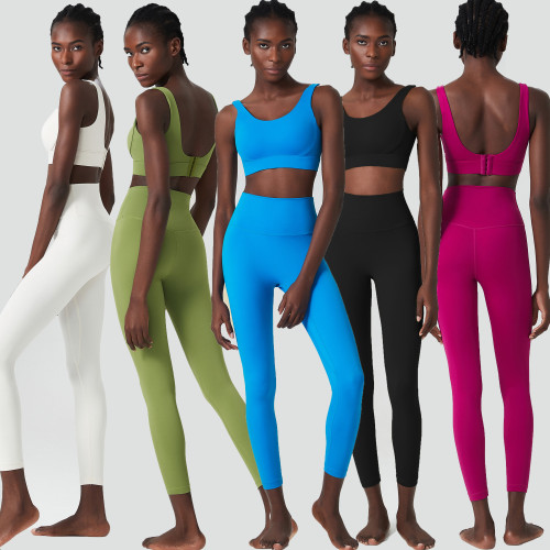 Two-Piece Women's Sportswear Set Deep U-Back Breathing Cup Custom Logo Solid Yoga Leggings for Gym Fitness Women's Sports