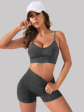 Custom Logo Women Frosted Washed Fitness Suits Dot Striped Sexy Push up Yoga Bra High Waist Sports Shorts Quick Drying Gym Set