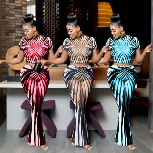 BR5010 New Distinctive Street Stripe Printed Perspective Mesh Navel Slim Pants Suit