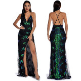 Retro Clothing Summer Women Sexy Sleeveless Sling Backless Sequins Sexy Night Wear Long Maxi Gowns With High Split