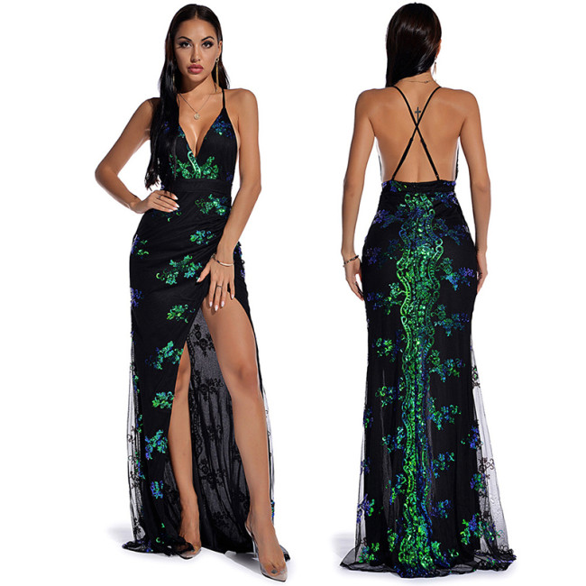 Retro Clothing Summer Women Sexy Sleeveless Sling Backless Sequins Sexy Night Wear Long Maxi Gowns With High Split
