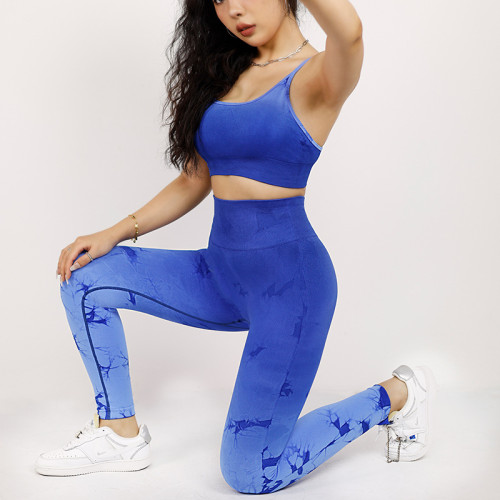 Wholesale Tie Dye Women's Gym Sets Gradient Print Sexy Back Bra High Waist Yoga Leggings Sports Pants Fitness Outfit for Women
