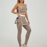 Women's Three-Piece Sports Running Set New Color Blocked Quick Drying Vest Elastic Waist Fitness Tennis Skirt Pants Yoga Suit