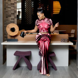 BR5010 New Distinctive Street Stripe Printed Perspective Mesh Navel Slim Pants Suit