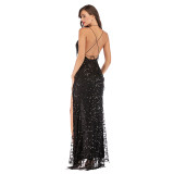 2021 Clothes Sexy V-Neck Sling Backless Bandage Sequins Long Maxi Woman Party Elegant Evening Dresses