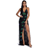 Retro Clothing Summer Women Sexy Sleeveless Sling Backless Sequins Sexy Night Wear Long Maxi Gowns With High Split