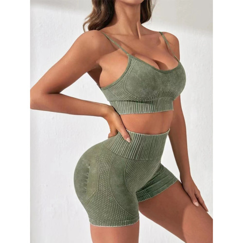 Custom Logo Women Frosted Washed Fitness Suits Dot Striped Sexy Push up Yoga Bra High Waist Sports Shorts Quick Drying Gym Set