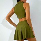 Women's Summer Sports Two-Piece Set High Waist Anti-Light Tennis Skirt Suit Solid Short Yoga Sports Clothing New Shirt Collar
