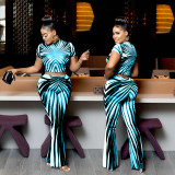 BR5010 New Distinctive Street Stripe Printed Perspective Mesh Navel Slim Pants Suit