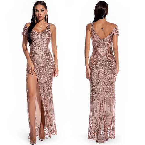 Vetements Soiree Women Lady Elegant Party Sexy Off-The-Shoulder Side Split Sequins Long Maxi Dinner Dresses