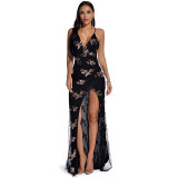 Retro Clothing Summer Women Sexy Sleeveless Sling Backless Sequins Sexy Night Wear Long Maxi Gowns With High Split