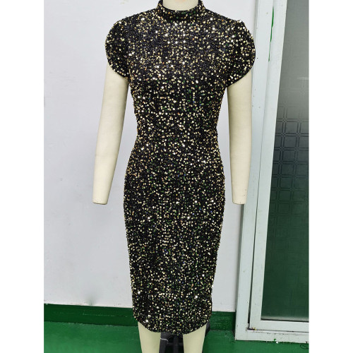 Latest Design Luxury Short Sleeves Small Round Neck Women Sequin Evening Dress With Slit Detail