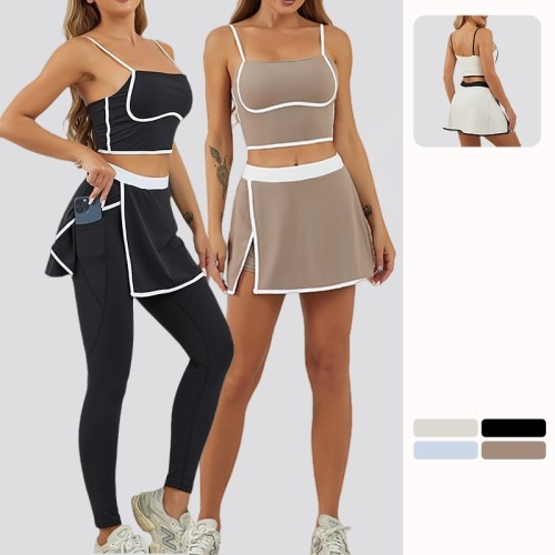 Women's Three-Piece Sports Running Set New Color Blocked Quick Drying Vest Elastic Waist Fitness Tennis Skirt Pants Yoga Suit