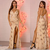 Retro Clothing Summer Women Sexy Sleeveless Sling Backless Sequins Sexy Night Wear Long Maxi Gowns With High Split