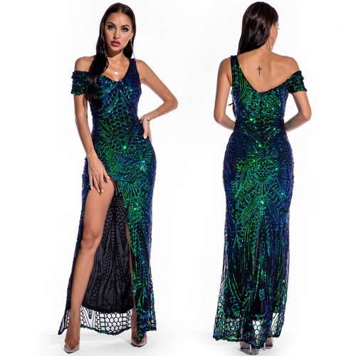 Vetements Soiree Women Lady Elegant Party Sexy Off-The-Shoulder Side Split Sequins Long Maxi Dinner Dresses